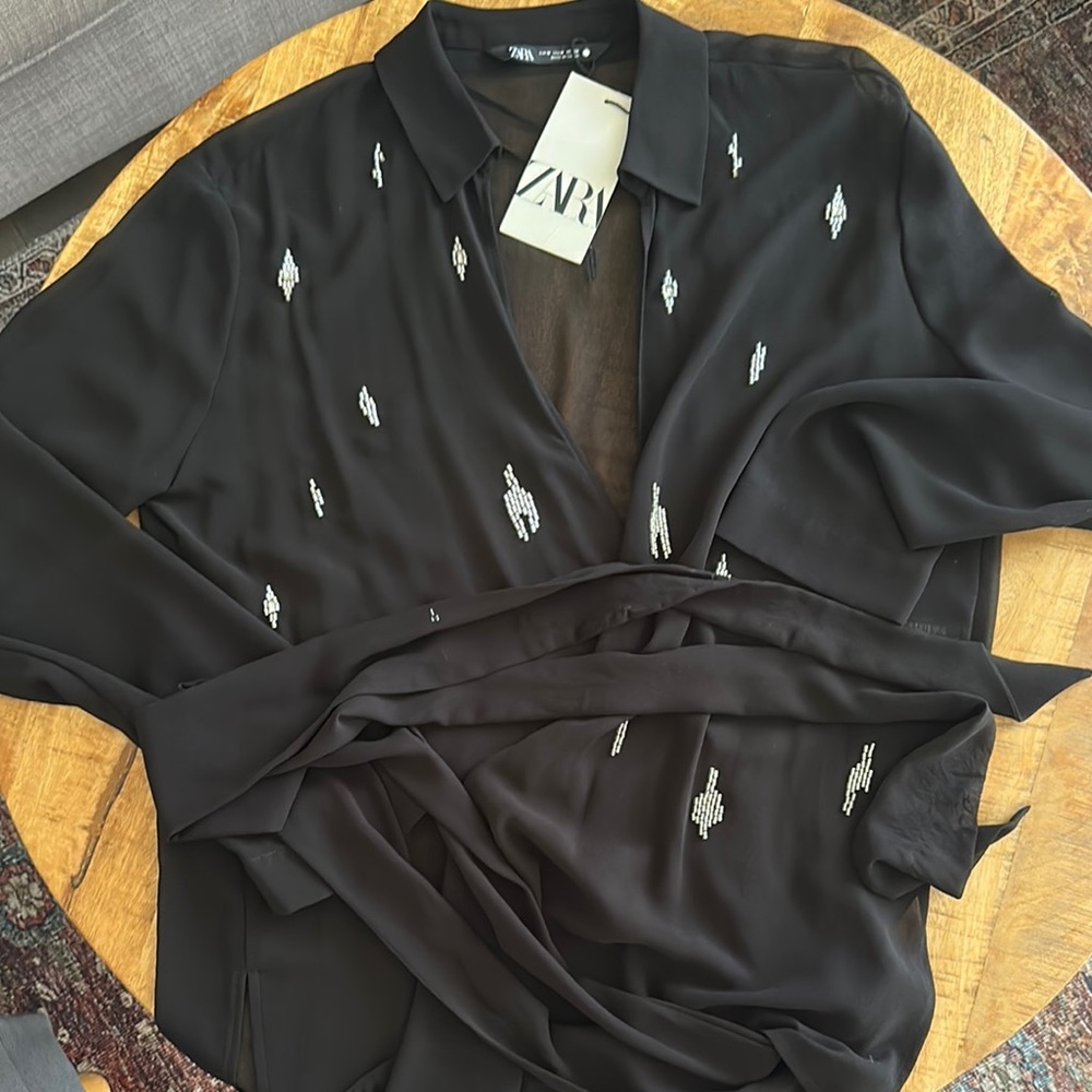 Zara Black Blouse with White Embellishments